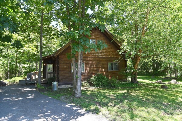 A rustic cabin with a porch, surrounded by trees and a gravel path.