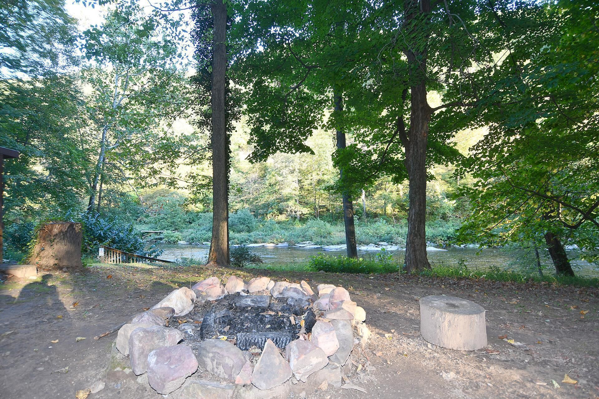 A campfire surrounded by rocks in a forested area with tall trees and a river in the background.
