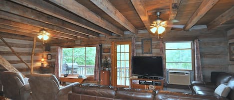 House, Multiple Beds (Pondview Cabin - Log Cabin Retreat) | Living area | Fireplace