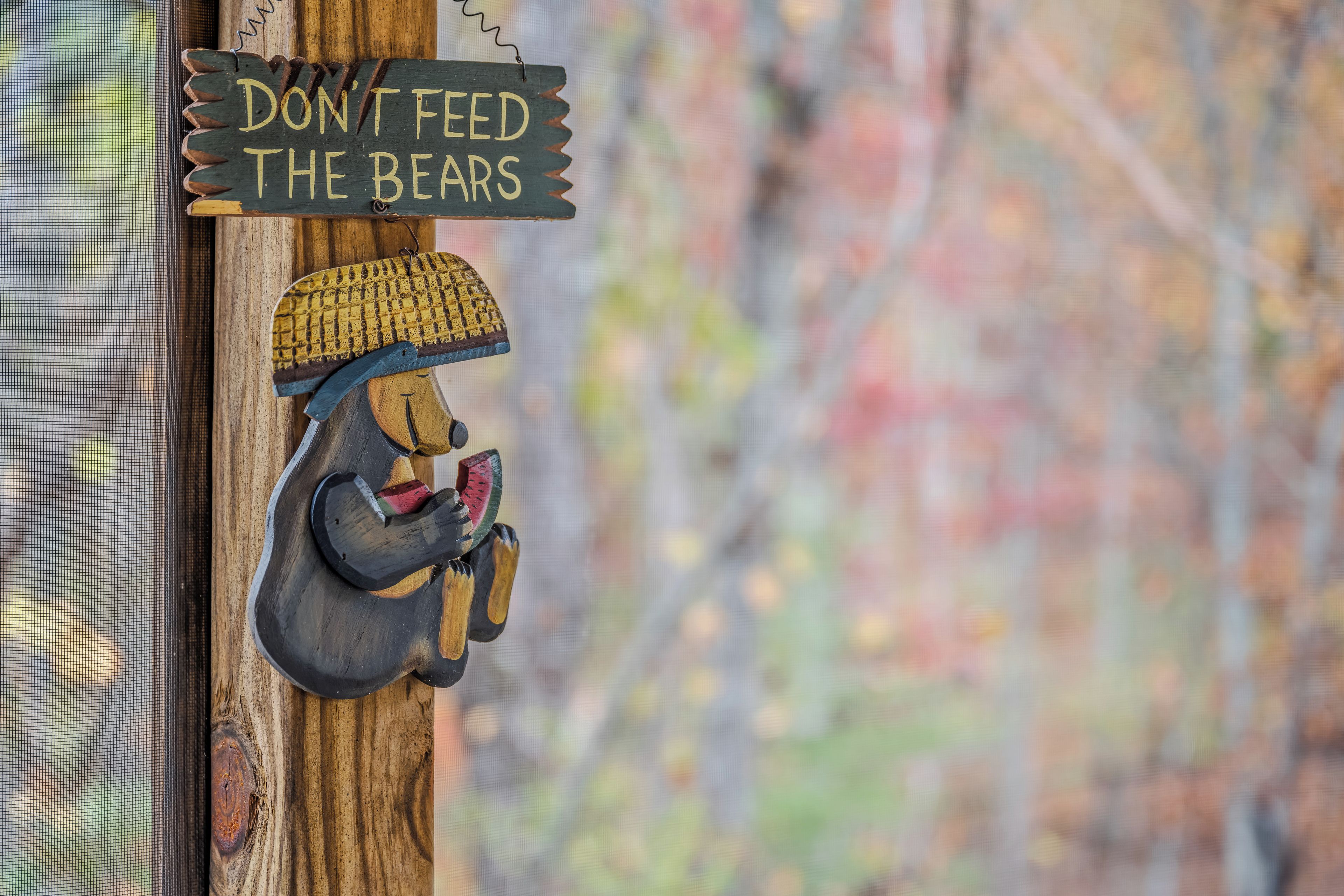 A rustic wooden sign with a bear illustration and the text 'DON'T FEED THE BEARS' on a window ledge.