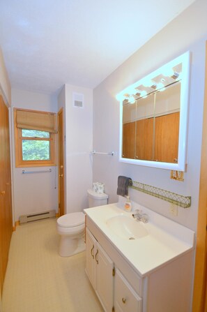 Une petite salle de bain comprenant des toilettes, un lavabo et un meuble-lavabo.