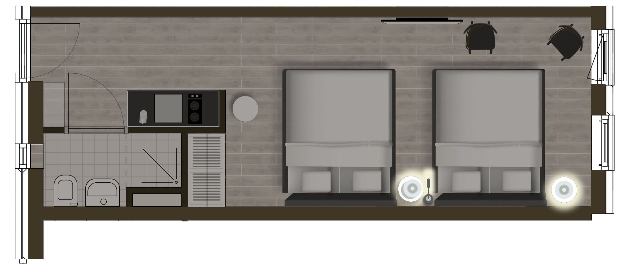 A hotel room layout with two beds, a small kitchenette, a bathroom, and a seating area.