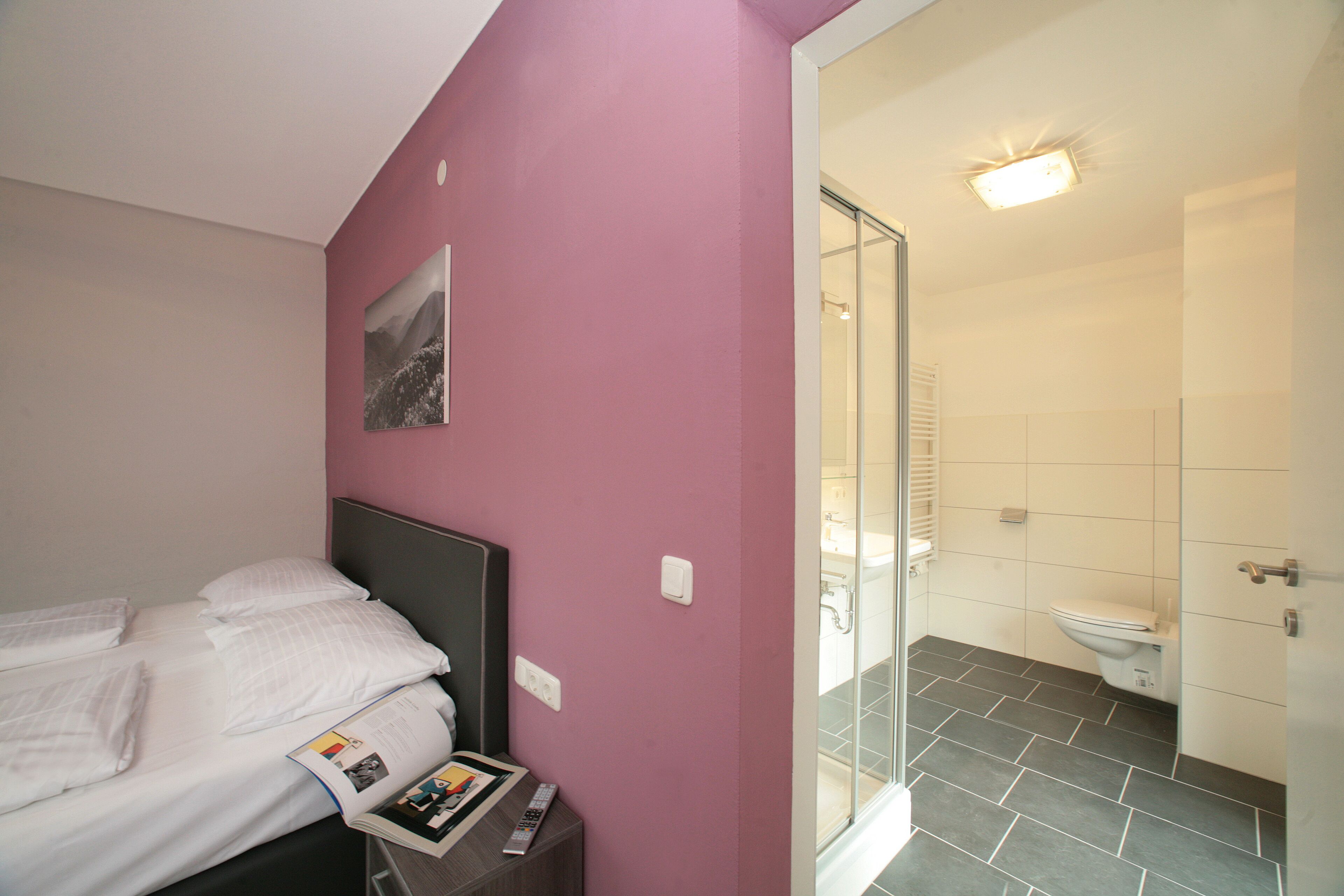 A bedroom with a bed, a bedside table with a remote control and a magazine, a wall-mounted picture, and a bathroom with a toilet and shower.