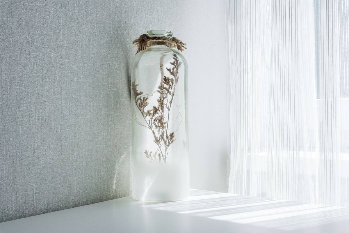 Un jarrón de vidrio transparente con plantas secas sobre una superficie blanca, cerca de una ventana.