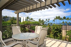 A covered outdoor seating area with a table and chairs, overlooking a landscaped garden with palm trees and a view of the ocean.