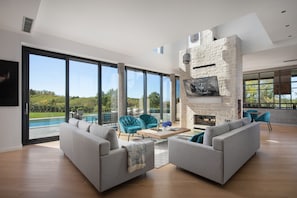 Smart TV, fireplace, video games, DVD player