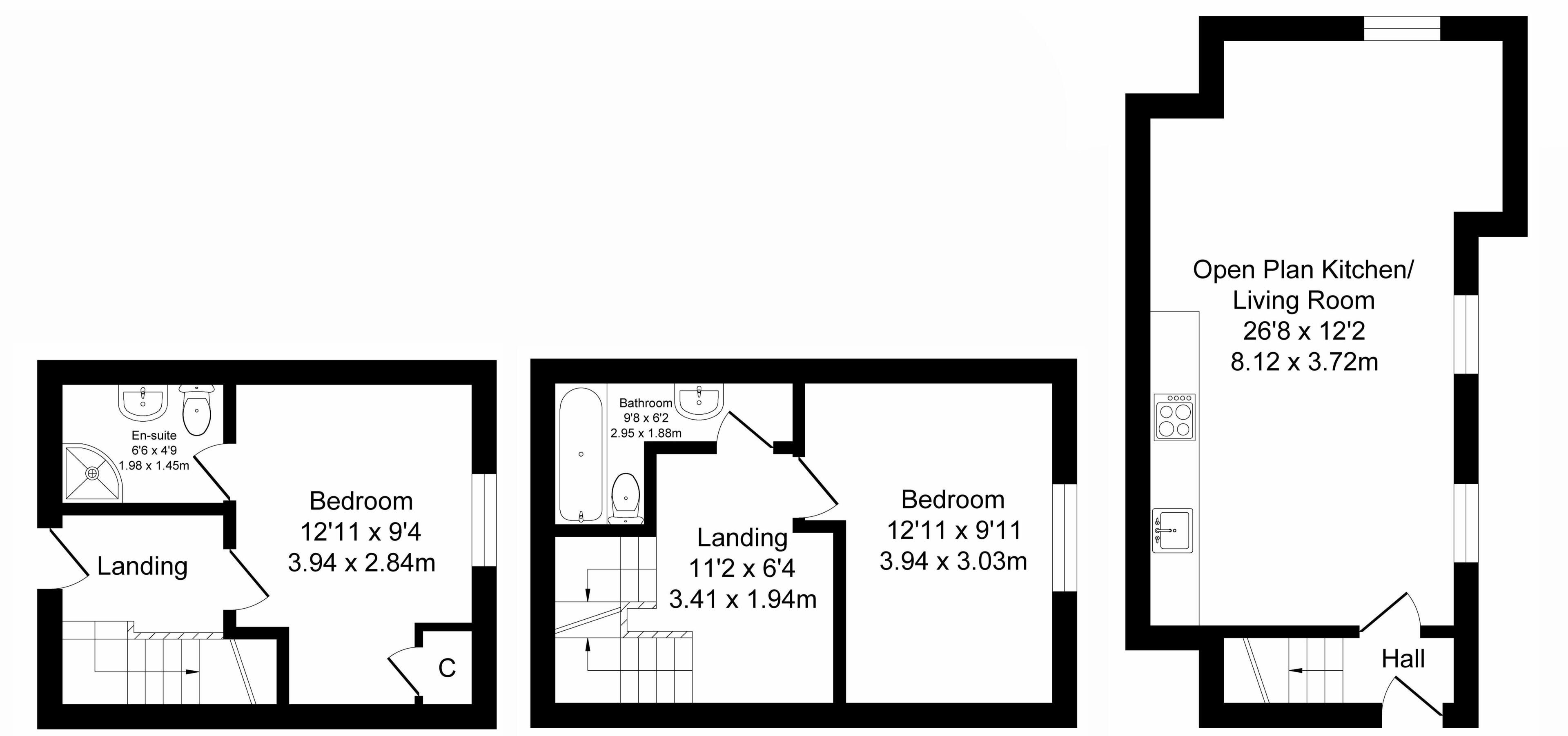 Plano de planta que muestra dos dormitorios, una zona de distribución, un baño en suite, un baño y cocina-salón de concepto abierto.