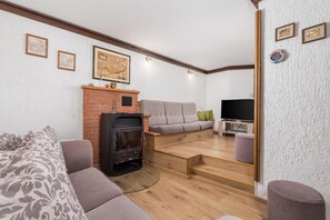 Cozy living room with a fireplace, sofa, and television.