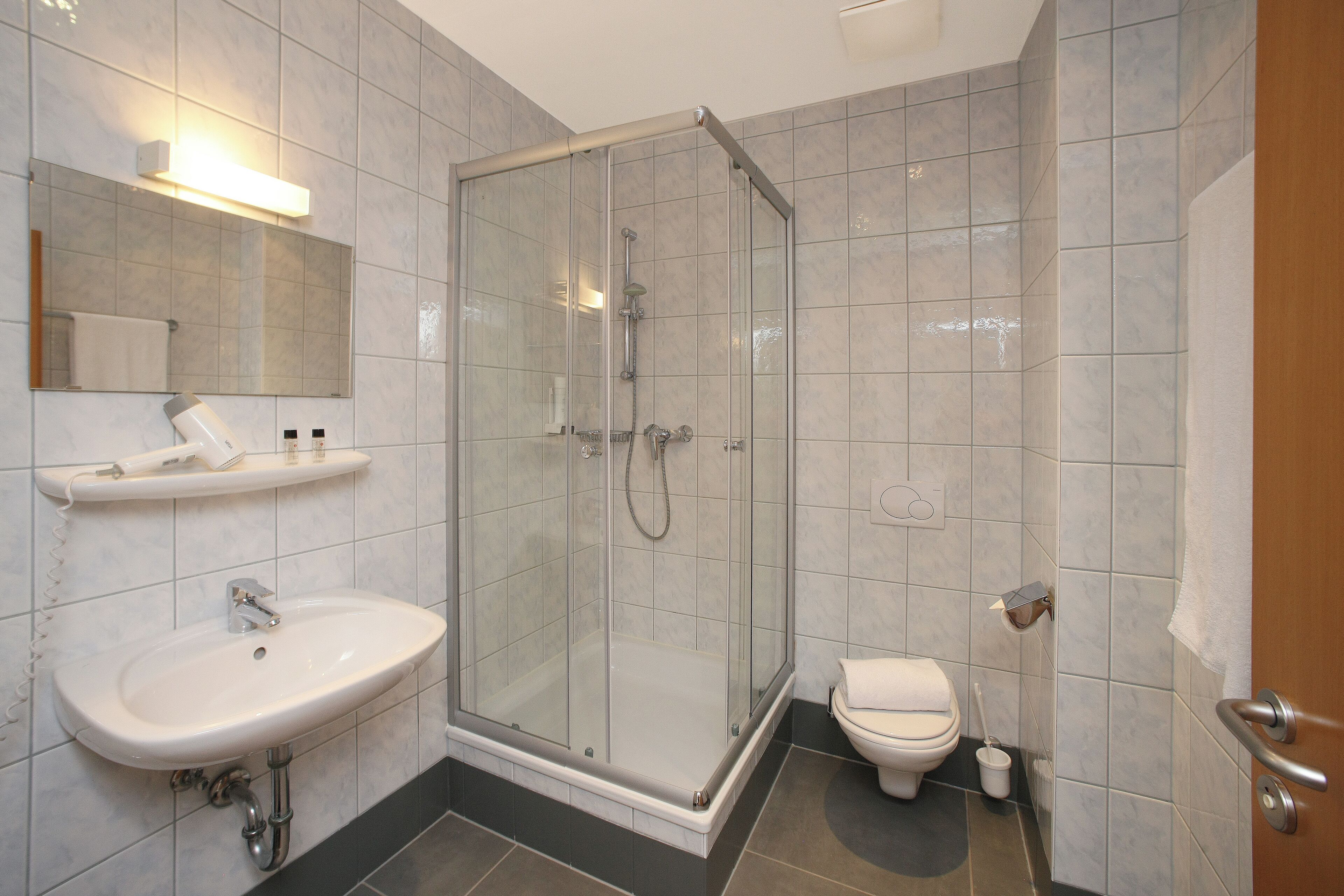 A modern bathroom with a glass-enclosed shower, a white sink, and a toilet.