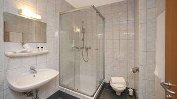 A modern bathroom with a glass-enclosed shower, a white sink, and a toilet.