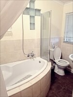 Shower, towels, soap, toilet paper