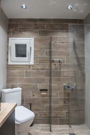 Deluxe-Apartment | Badezimmer | Dusche, Haartrockner, Handtücher, Toilettenpapier