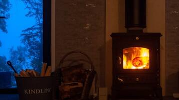 A wood-burning stove with logs in a basket labeled "KINDLING" and a window with a view of trees.