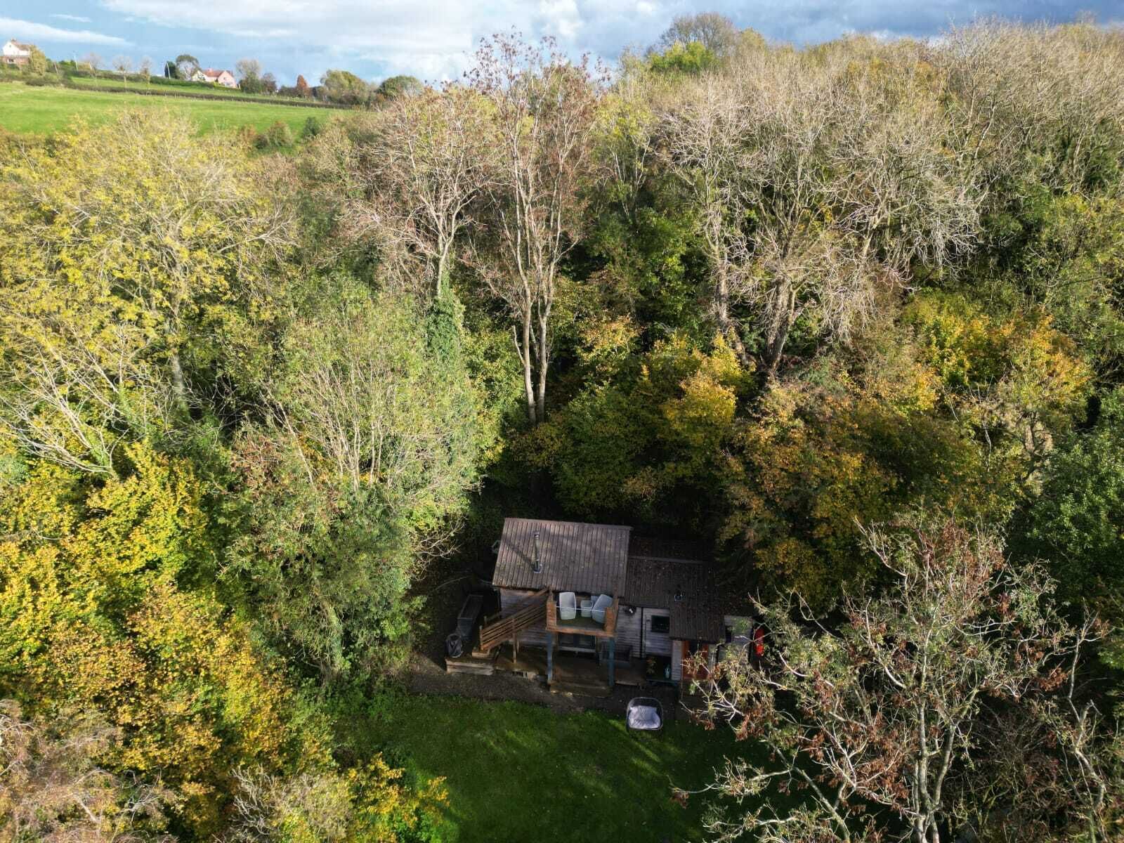 Una cabaña pequeña y rústica rodeada de un bosque denso, con vistas despejadas de la vegetación circundante y algunas casas lejanas.