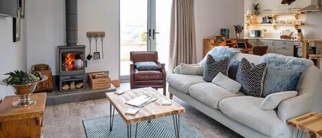 Smart TV, chimenea, libros, estéreo