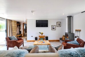 Smart TV, fireplace, books, stereo