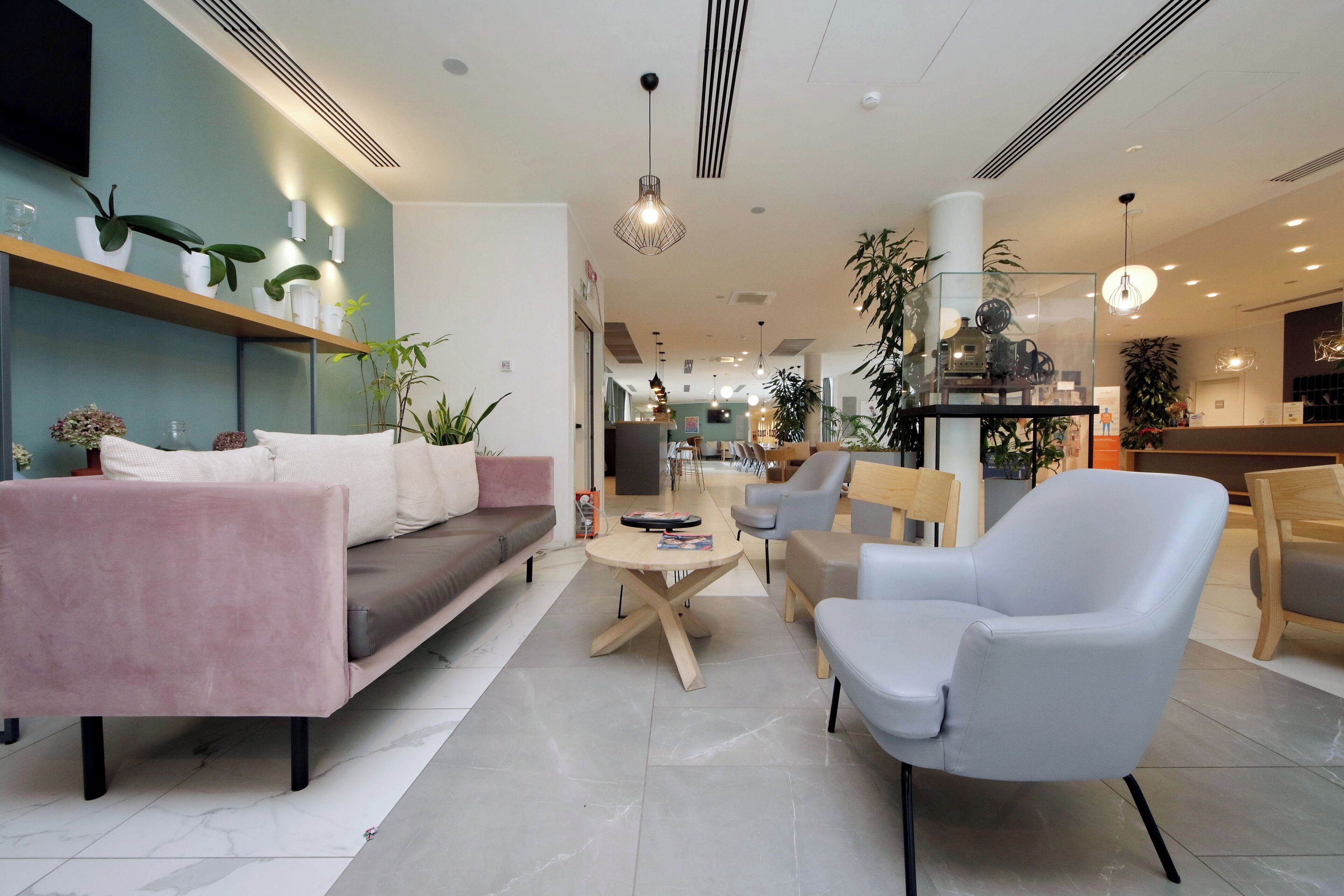 Un intérieur moderne avec un canapé, des fauteuils, une table basse et des plantes en pot.