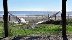 A hammock tied between two wooden posts overlooking a beach with a fence in the background. - Salt Air Cottage: Beachfront Charming & Luxe home! (Galveston)