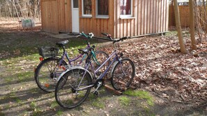 Una cabaña de madera con puerta y ventanas, una bicicleta estacionada adelante, y un cobertizo al fondo.