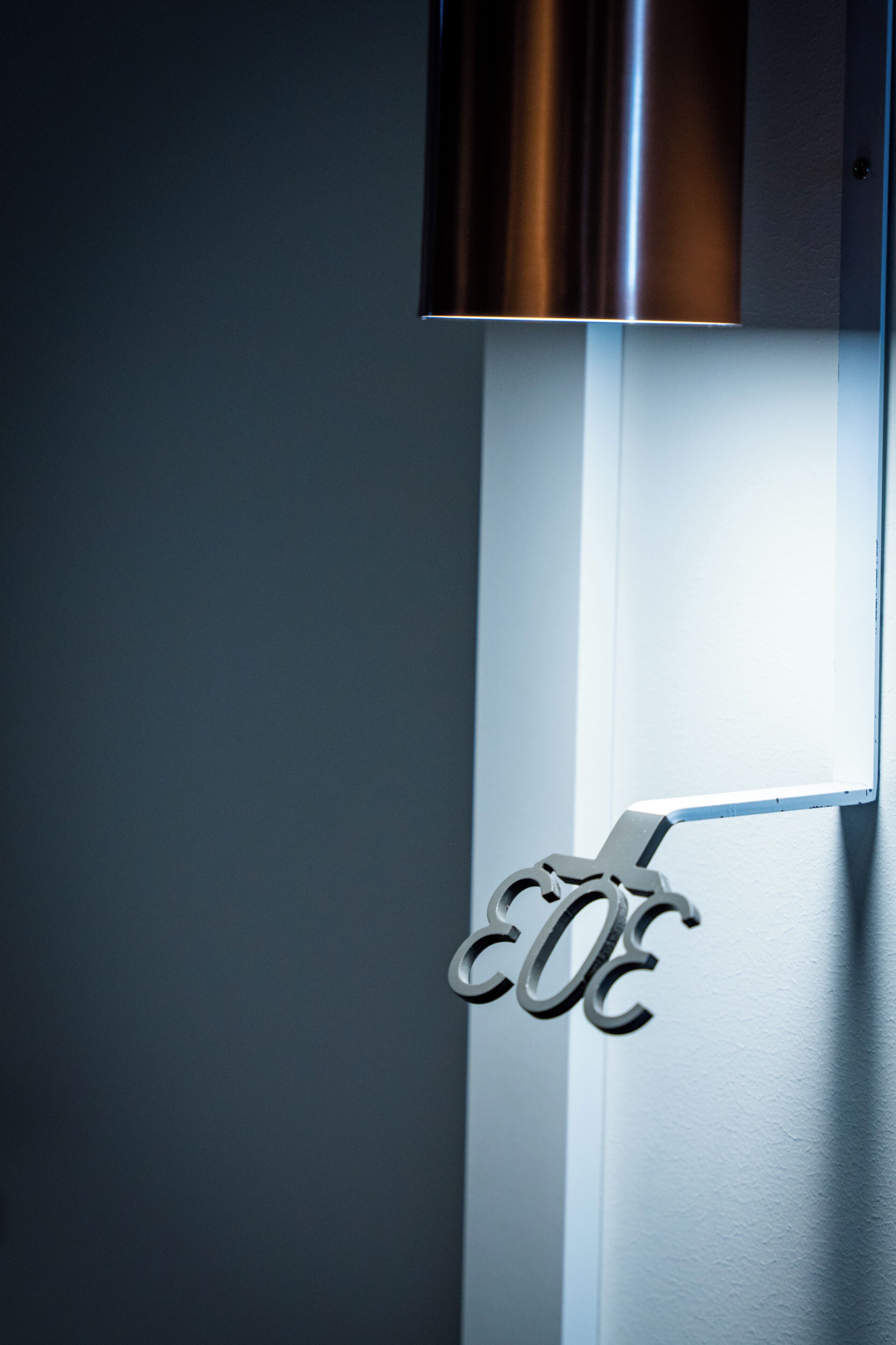 A metallic door handle with a unique design, a white door frame, and a metallic light fixture above.