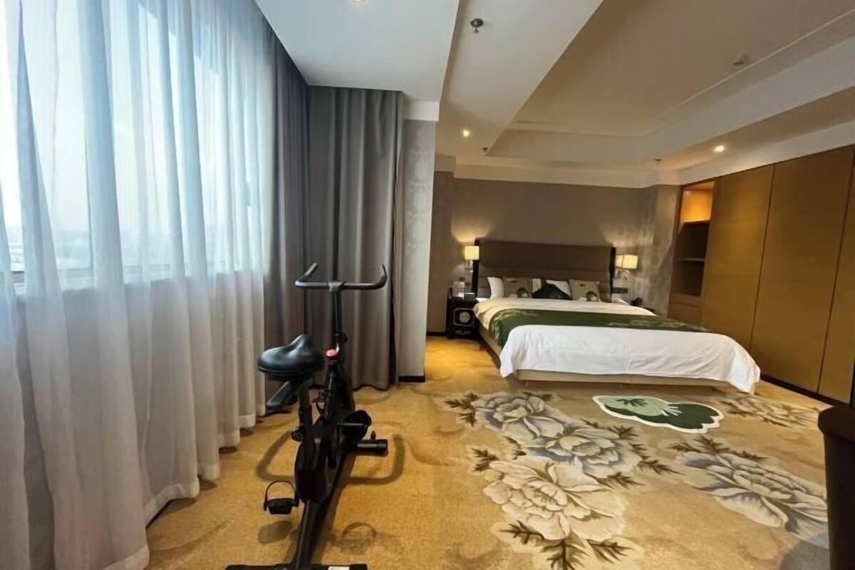 Habitación de hotel con cama, bicicleta estática, cortinas y alfombra estampada.