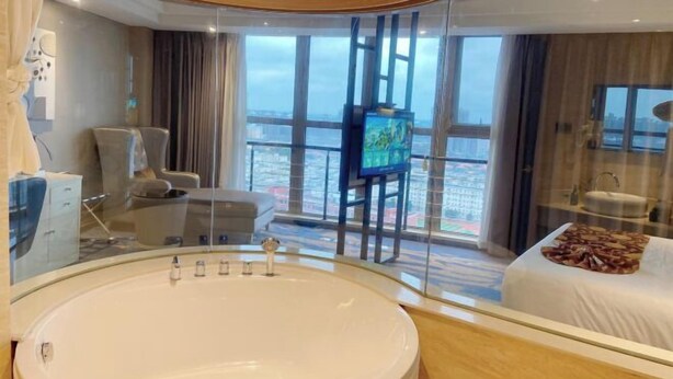 Una camera d'albergo moderna con una vasca da bagno ampia, una televisione, un letto e vista sulla città.
