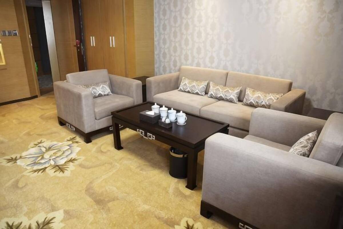Una sala de estar con un sofá, una mesa de centro y una alfombra estampada.