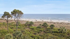 A beach with a sandy shore, sparse vegetation, and a clear sky.