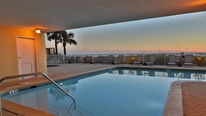 Ein Swimmingpool mit Liegestühlen und einer Palme, umzäunt.