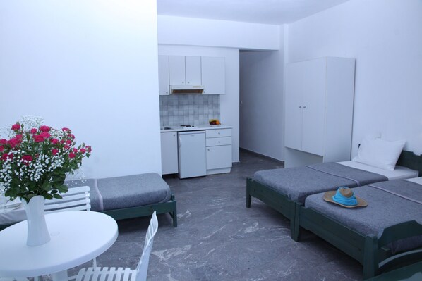 A compact room with two beds, a small kitchenette, and a dining table.