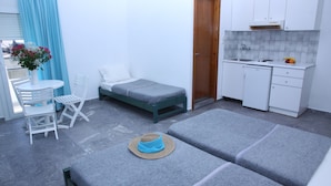 Ein kompakter Raum mit Bett, kleinem Tisch mit Stühlen, einer Küchenzeile und einer Badezimmertür.