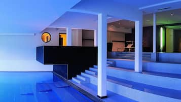 Indoor pool, open 10:00 AM to 10:00 PM, sun loungers