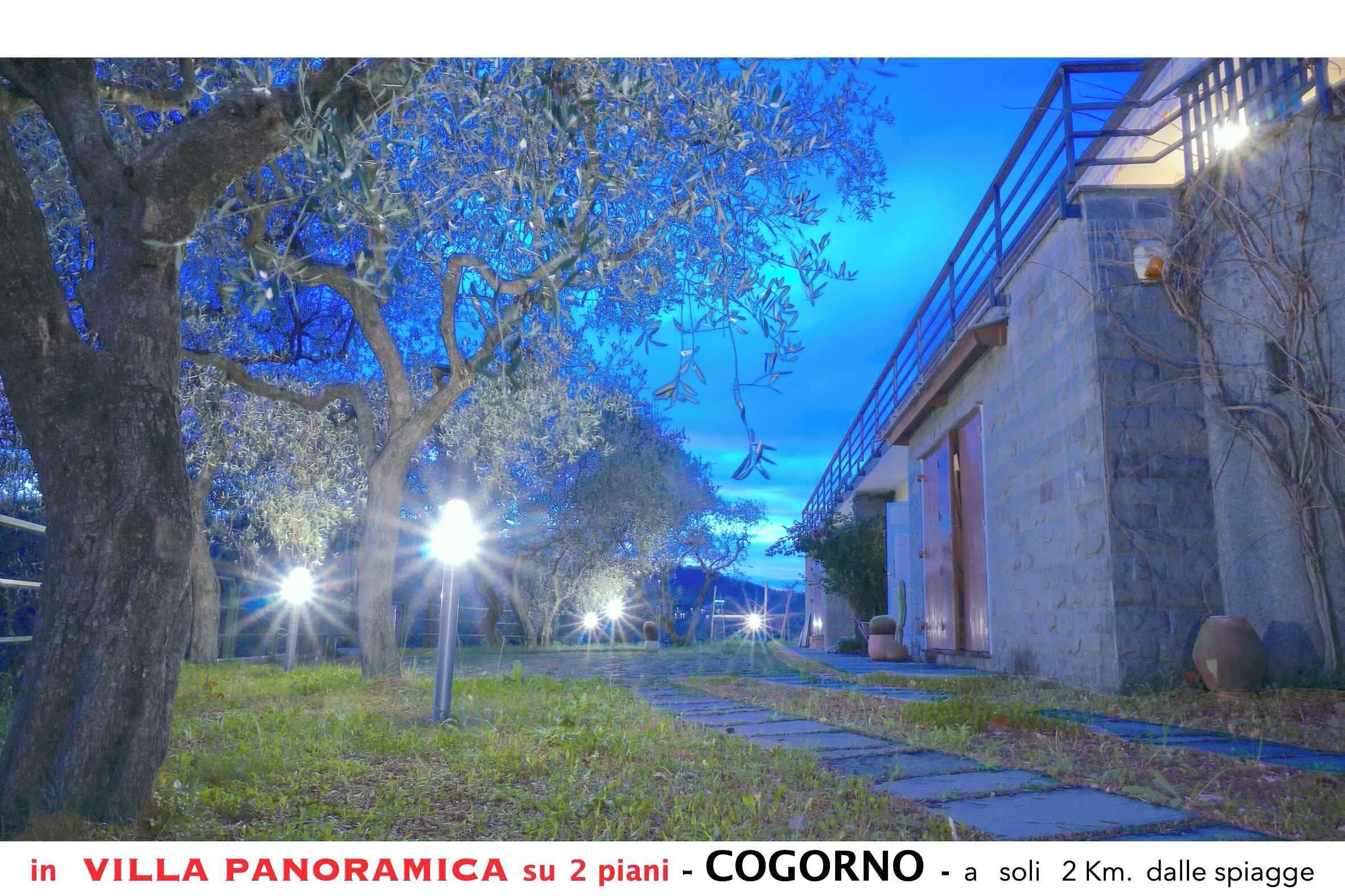 Eine Villa mit Panoramablick, ein Steinhaus und ein von Bäumen gesäumter Weg.
