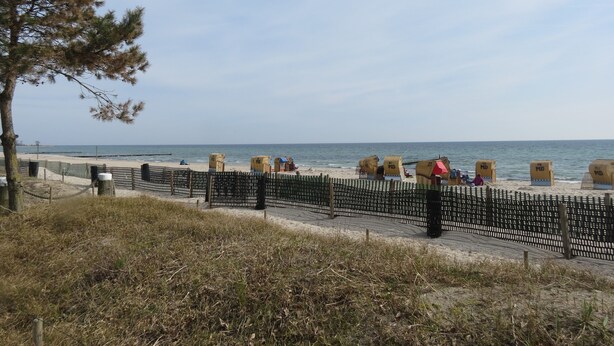 A beach with a wooden fence, a few people, and beach huts labeled 'MD'. - Large three-room apartment with 2 bathrooms for a maximum of 8 people (Kellenhusen)