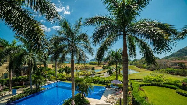 Zona de piscina con palmeras, cielo despejado y vista a un campo de golf.