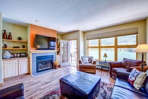 Condo (100-2 Lakeside Village) | Living area | TV, fireplace, DVD player - 2 Bedroom Mountain Condo in Lakeside Village Near Keystone Lake with Complimentary Shuttle Service (Keystone)