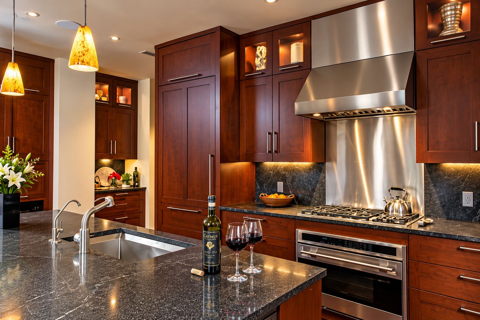 Una cocina moderna con armarios de madera oscura, electrodomésticos de acero inoxidable e iluminación colgante.