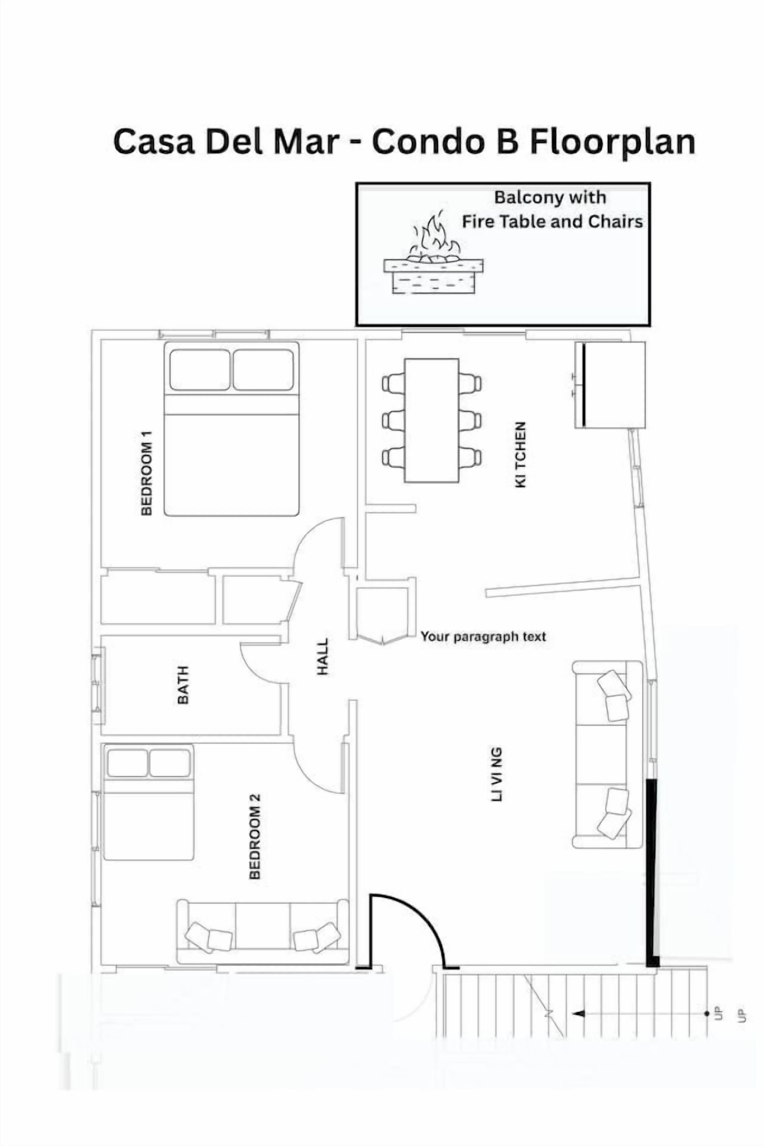 A floor plan of Casa Del Mar - Condo B, featuring two bedrooms, a kitchen, a living area, a bathroom, a hall, and a balcony with a fire table and chairs.