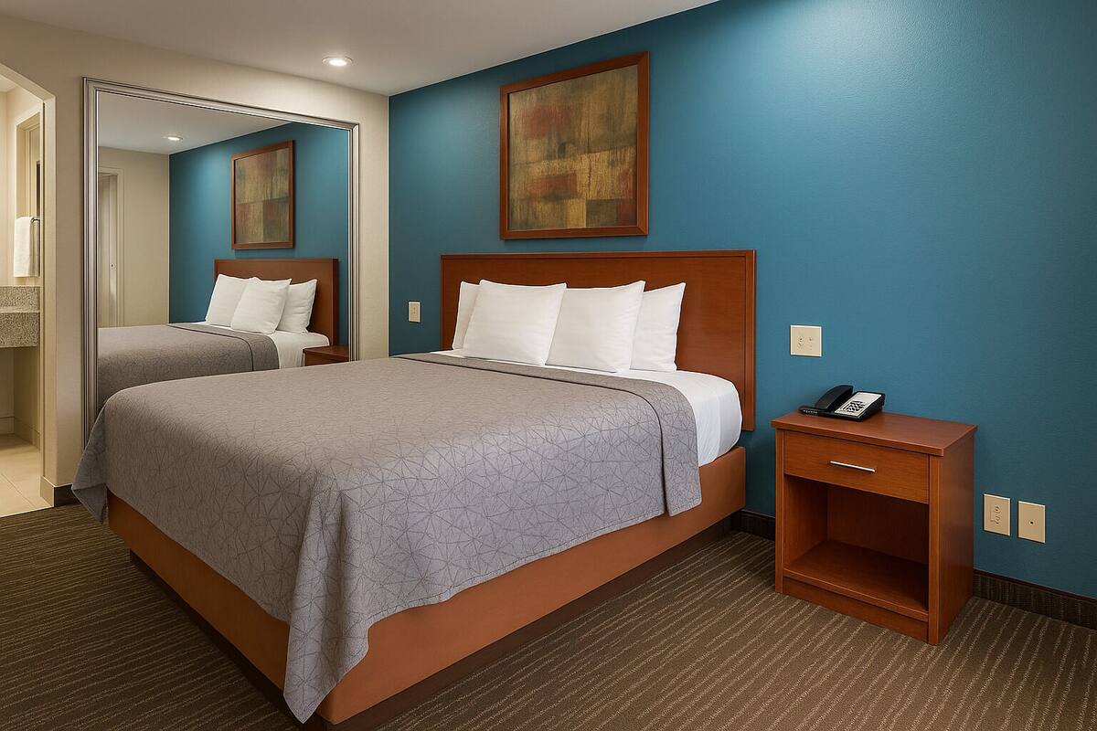A hotel room with two beds, a wooden nightstand, and a blue accent wall.
