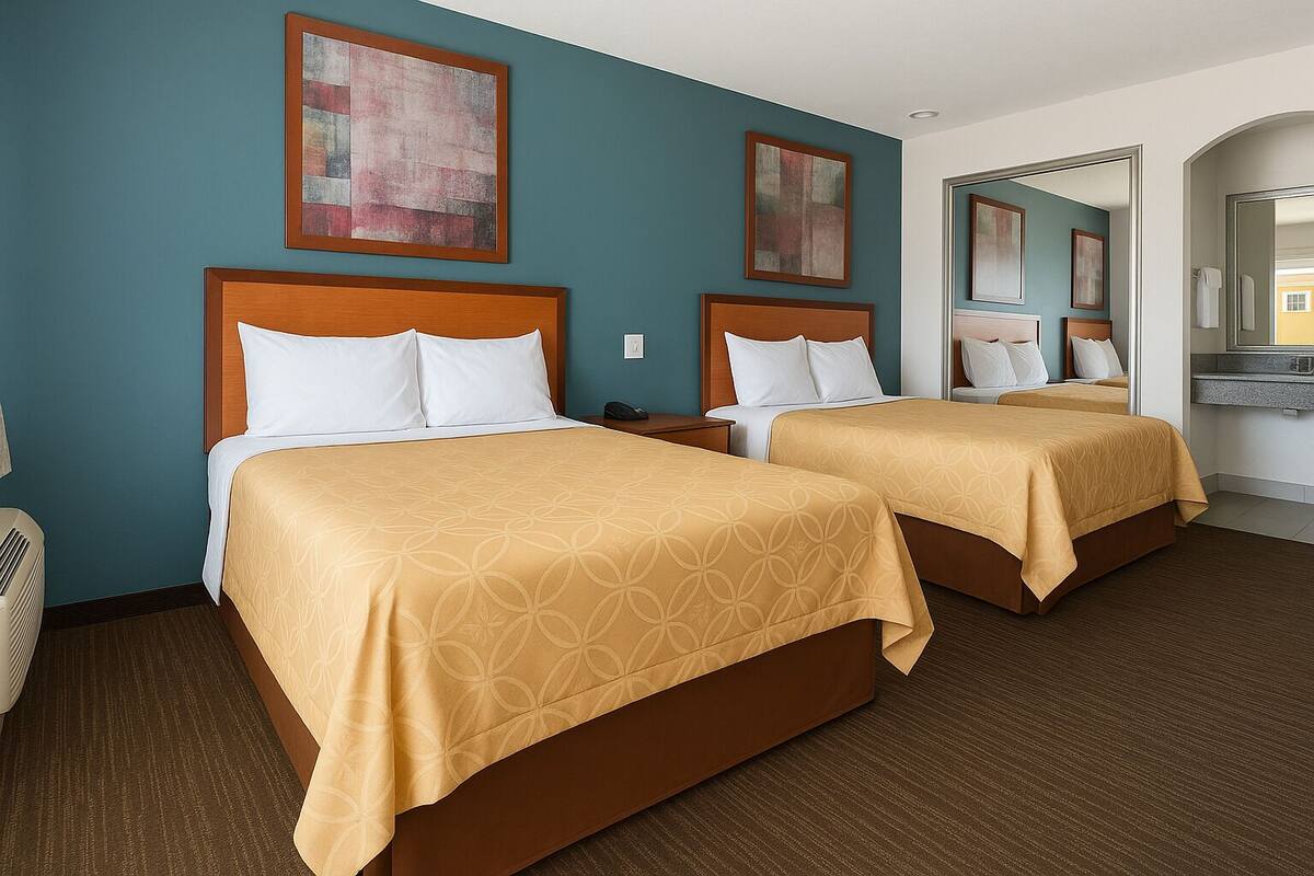 A hotel room with two beds, a large mirror, and artwork on the walls.