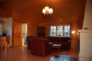 Tv, eldstad, dvd-spelare och en stereo