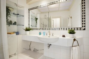 Shower, hair dryer, bidet, towels
