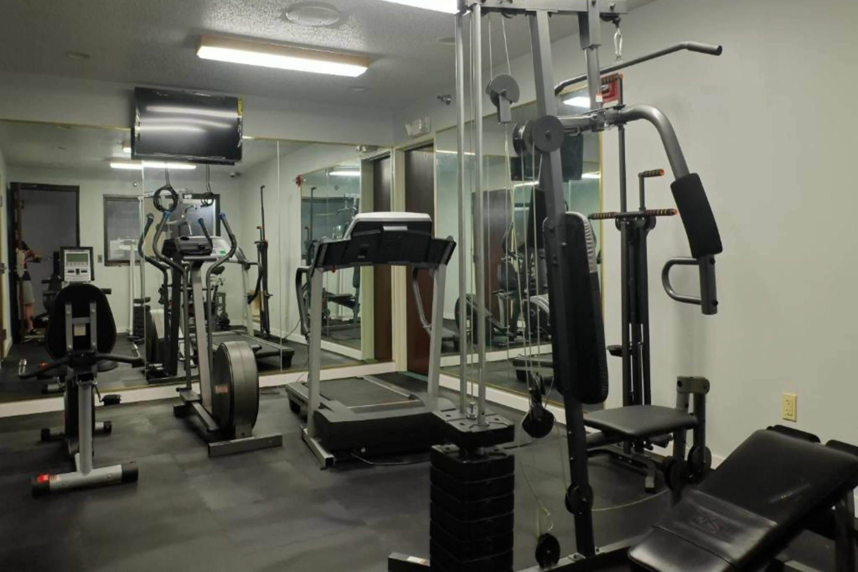 Une salle de sport équipée de divers appareils d’exercice, notamment un tapis de course, des appareils de musculation et des poids libres.