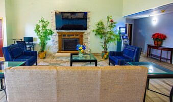 Una sala de estar con chimenea, dos plantas en macetas, un sofá y una televisión.