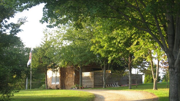 A gravel path leading to a wooden cabin with a window, surrounded by trees and grass.