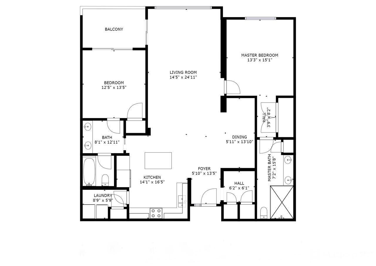 A floor plan of a house with a balcony, master bedroom, living room, dining area, kitchen, laundry room, bathroom, foyer, and hall.