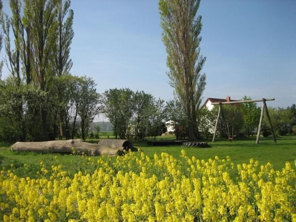 Surrounded by lush trees and vibrant flowers, this peaceful setting invites relaxation and family fun.