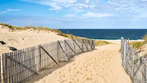 Een zandpad langs het strand dat naar de oceaan leidt, met een houten hek aan één kant.