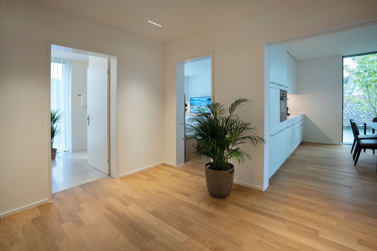A modern interior with a wooden floor, a potted plant, and a view of a kitchen and dining area.