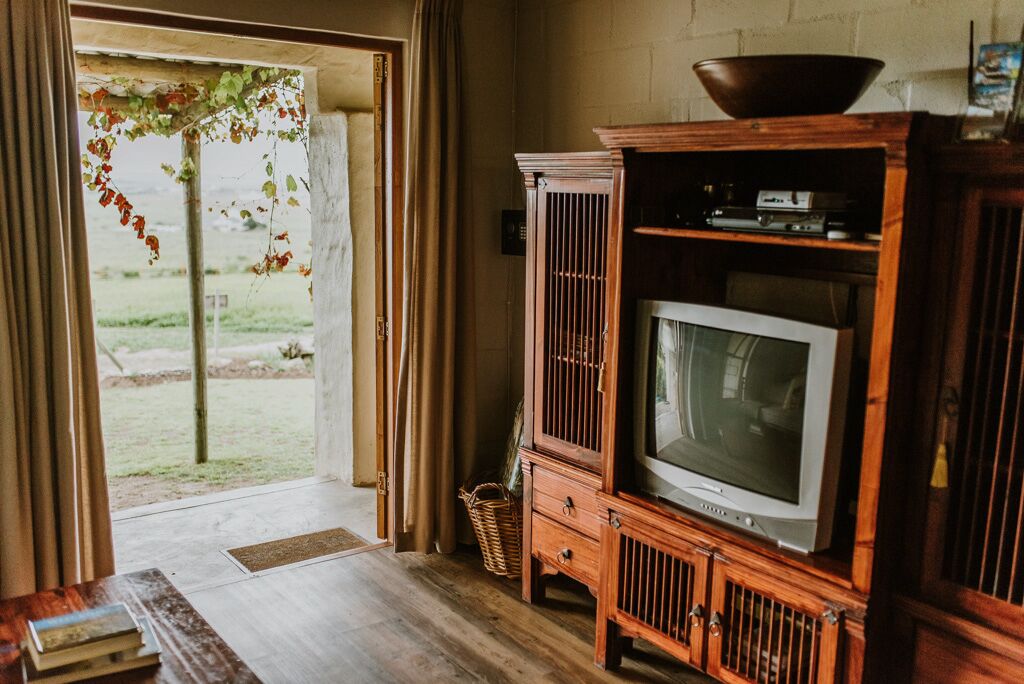 Habitación con mueble de televisión de madera, televisor y vista a un jardín a través de un ventanal.